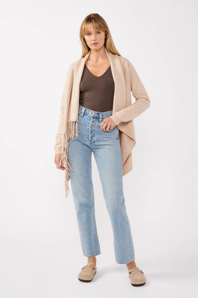 Cowl Neck Fringe Cable Cardigan