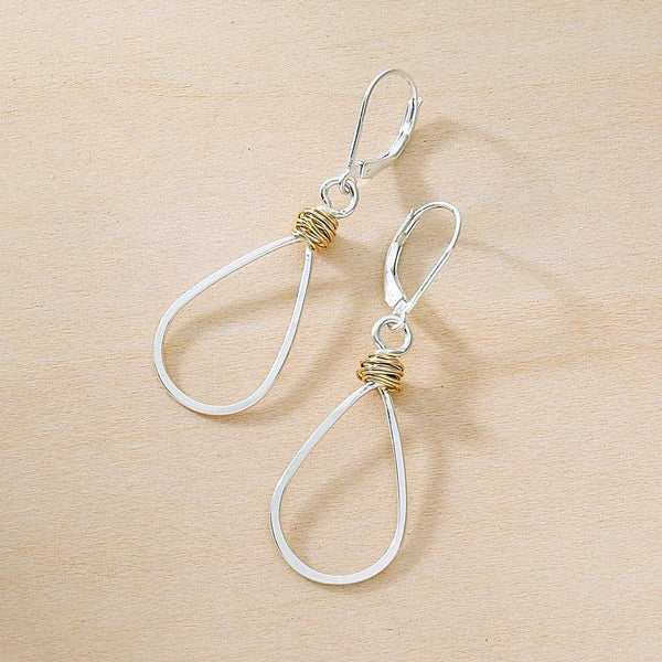 Gold Swirl Teardrop Earring Hammered Wire Sterling Silver