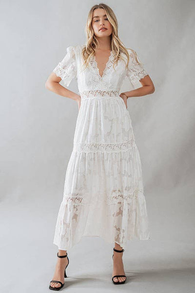 Romantic Lace Trim Tiered Deep V Neck Maxi Dress