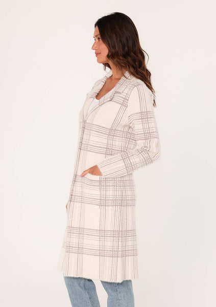 Long Fuzzy Plaid Collared Coatigan