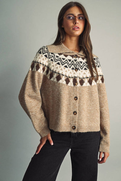 Vintage Fair Isle Collared Knit Cardigan Jacket