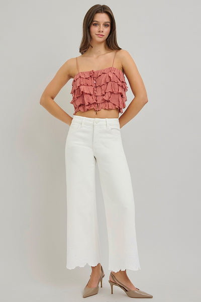 Crop Wide Leg Embroidered Hem Jeans