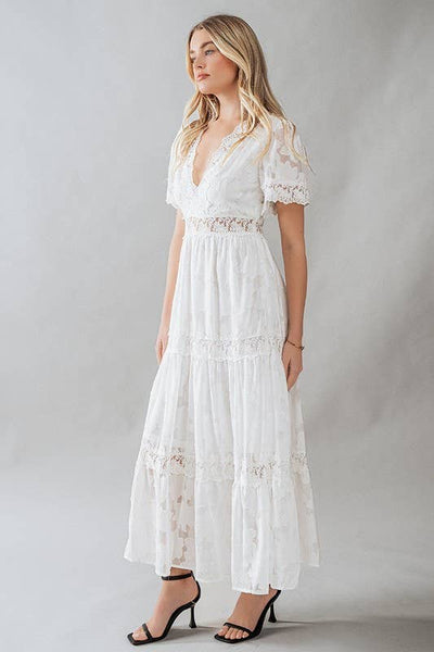 Romantic Lace Trim Tiered Deep V Neck Maxi Dress