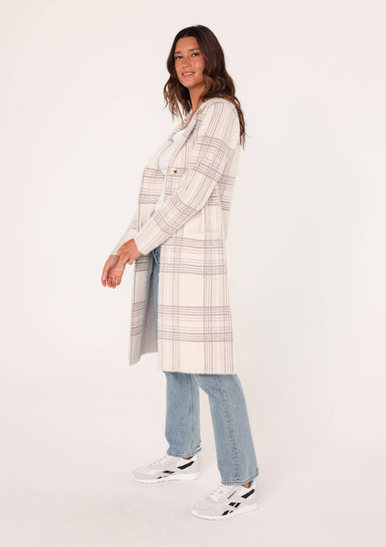 Long Fuzzy Plaid Collared Coatigan