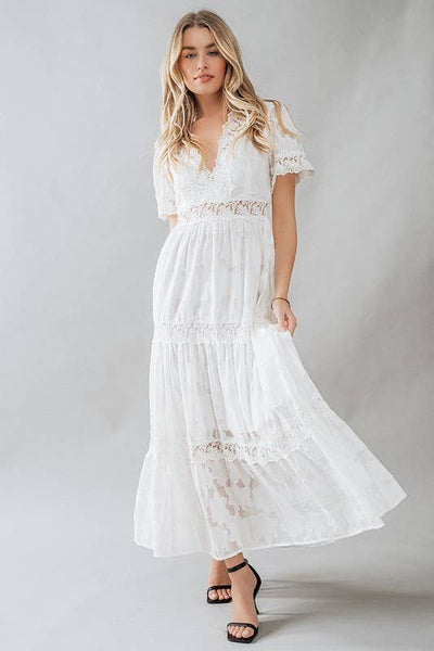 Romantic Lace Trim Tiered Deep V Neck Maxi Dress
