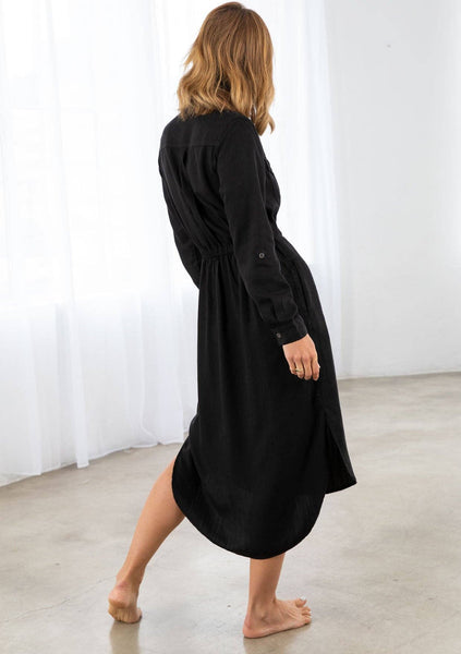 Black Tencel 3/4 Sleeve Button Down Shirt Dress
