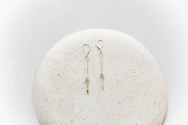 Sparky Silver Wrapped Gold Bar Stem Earrings