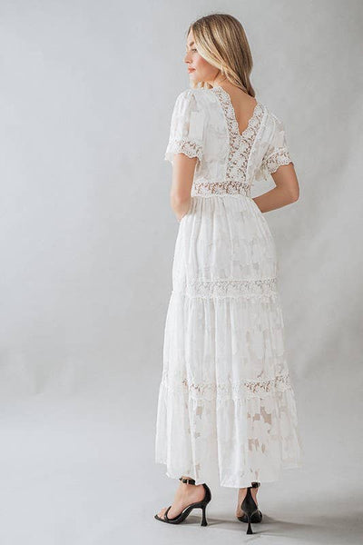 Romantic Lace Trim Tiered Deep V Neck Maxi Dress
