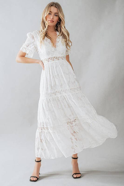 Romantic Lace Trim Tiered Deep V Neck Maxi Dress