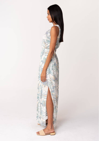 Tropical Sleeveless Tie Back V Neck Maxi Dress