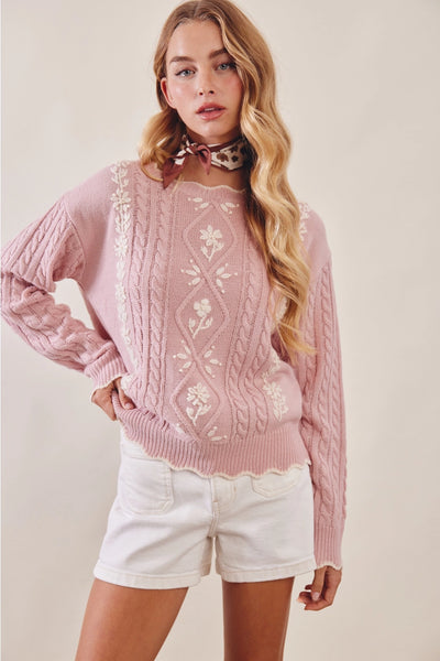 Floral Embroidered Cable Knit Sweater - Adored A Lovely Boutique