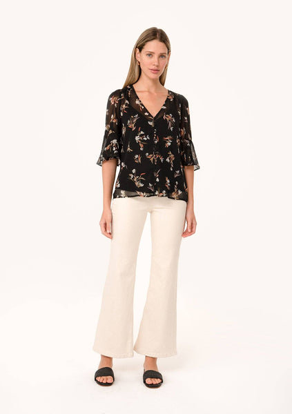 Sheer Floral Half Sleeve Button Down Blouse