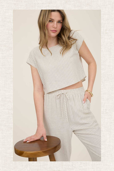Pinstripe Drawstring Straight Leg Linen Pants