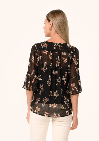 Sheer Floral Half Sleeve Button Down Blouse