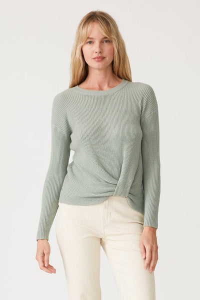 Waffle Knit Crew Neck Front Knot Pullover Sweater