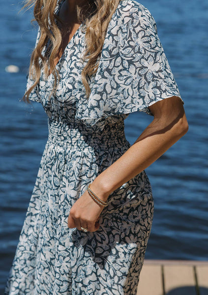 Floral Chiffon Smocked V Neck Midi Dress - Adored A Lovely Boutique