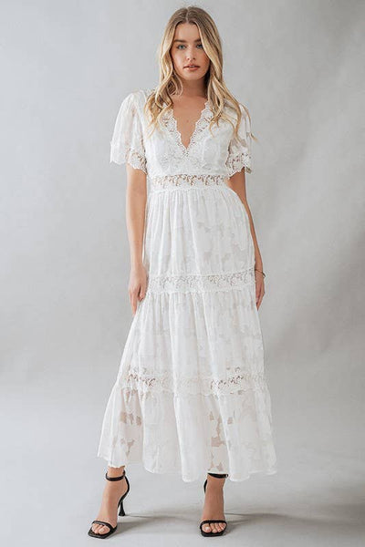 Romantic Lace Trim Tiered Deep V Neck Maxi Dress