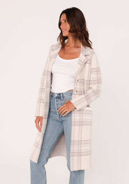 Long Fuzzy Plaid Collared Coatigan